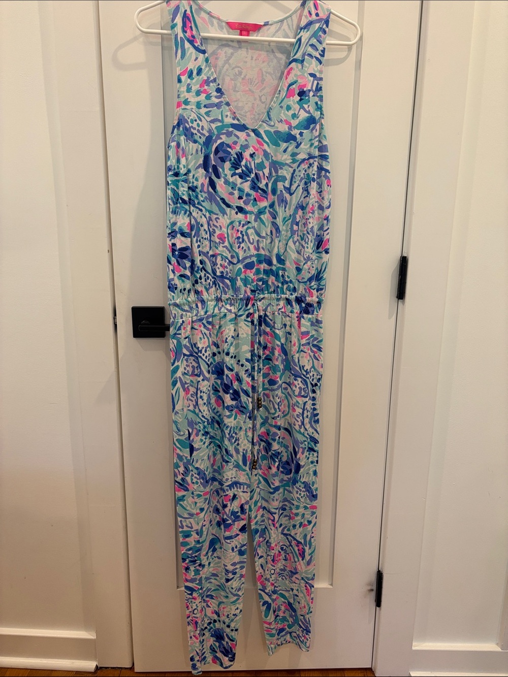 Lilly Pulitzer Aqua, Blue & Pink V‑Neck Sleeveless Jumpsuit